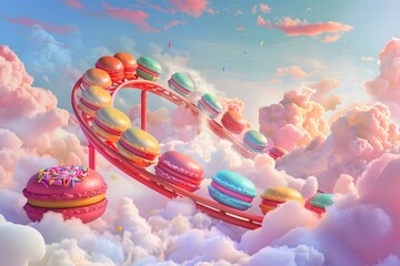 Vibrant Macaron Rollercoaster Surrounded by Candy Like Clouds and Pastel Skies
