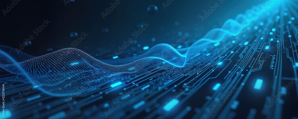 Fototapete Abstract futuristic illustration of blue digital data stream. Binary code flows over complex tech circuit board. Wave-like patterns represent data flow, connectivity. Concept of info tech virtual