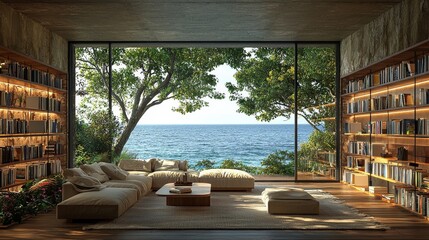 Ocean bookshelf background interior retirement home office library study featuring window views of trees and beach scenery