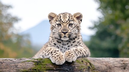 Obraz premium Leopard cub rests on log, autumn forest background; wildlife conservation