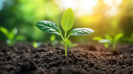 Fototapeta premium Sprout growing in sunlight, fertile soil, garden background, eco-friendly concept