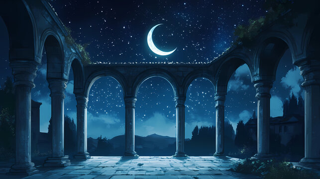 A serene night scene featuring a crescent moon and elegant arches under a starlit sky. Starlit Arch. Illustration