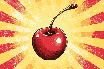 Cherry fruit pop art style on star burst comic background