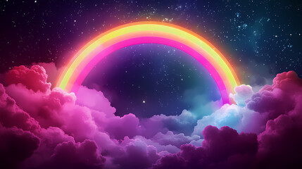 A vibrant neon rainbow arch emerges from fluffy clouds against a backdrop of a starlit night sky. the scene is surreal and dreamlike, evoking a sense of wonder and magic. Starlit Arch. Illustration