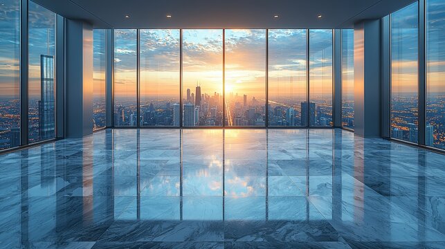 A virtual background for Zoom featuring a room with floor-to-ceiling windows on the 48th floor of a skyscraper