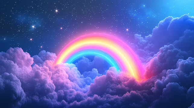 A vibrant neon rainbow arch emerges from fluffy clouds against a backdrop of a starlit night sky. the scene is surreal and dreamlike, evoking a sense of wonder and magic. Starlit Arch. Illustration