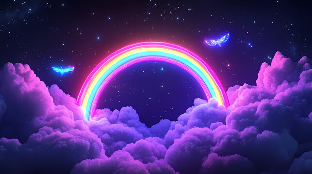 A vibrant neon rainbow arch emerges from fluffy clouds against a backdrop of a starlit night sky. the scene is surreal and dreamlike, evoking a sense of wonder and magic. Starlit Arch. Illustration