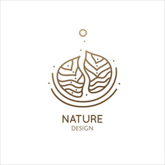Nature logo of forest, sunny rays. Linear icon of landscape, sunrise. Vector emblem