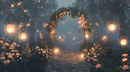 Fototapeta premium An ethereal garden scene with starlit arches, softly glowing lanterns, and lush flowers surrounded by mist in a serene forest atmosphere. Starlit Arch. Illustration