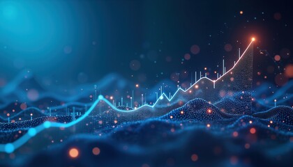 Abstract graphic displays upward trend. Data visualization charts progress. Business growth illustrated. Modern design. Dynamic composition. Blue background. Suitable for presentation slides