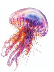 A mesmerizing jellyfish painted with vibrant watercolors, showcasing its ethereal beauty and delicate tentacles in a fluid aquatic environment, evoking underwater serenity.