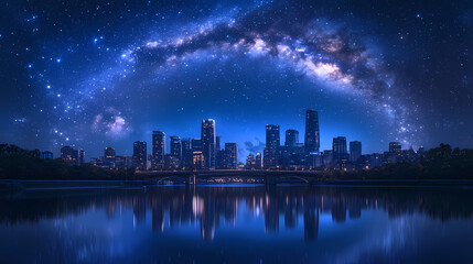 Fototapeta premium Breathtaking milky way arch over a tranquil cityscape with reflections on a calm river for night sky enthusiasts and cosmic-themed designs. Starlit Arch. Illustration