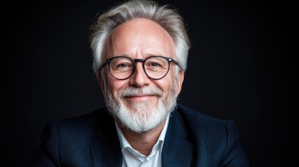 Smiling senior man portrait, dark background, professional headshot, corporate website use
