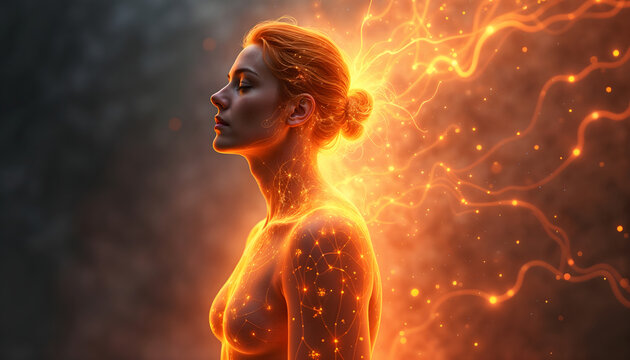 Vibrant visualization of vital energy with glowing light beams from a woman's body against starry background