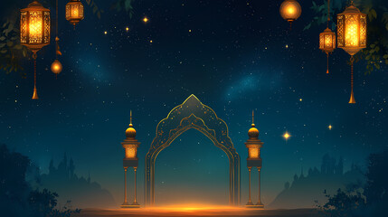 Elegant ramadan-themed design with ornate golden arches, hanging lanterns, and a starlit sky. stormlit. illustration. Starlit Arch. Illustration
