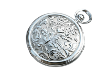A beautifully engraved silver pocket watch resting against a soft surface, showcasing intricate floral patterns and timeless elegance isolated on transparent background