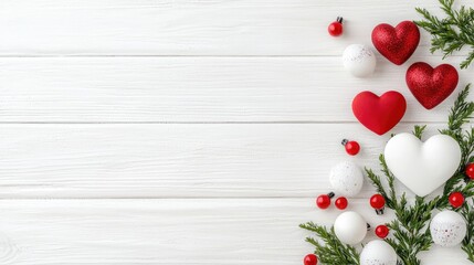 Festive red and white hearts on wood background