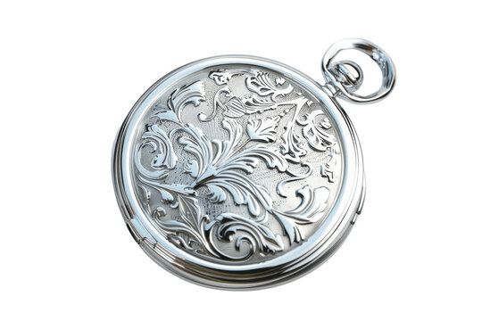 A beautifully engraved silver pocket watch resting against a soft surface, showcasing intricate floral patterns and timeless elegance isolated on transparent background