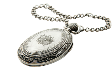 An intricately designed silver locket with floral engraving resting gracefully on a simple, elegant chain against a soft background isolated on transparent background