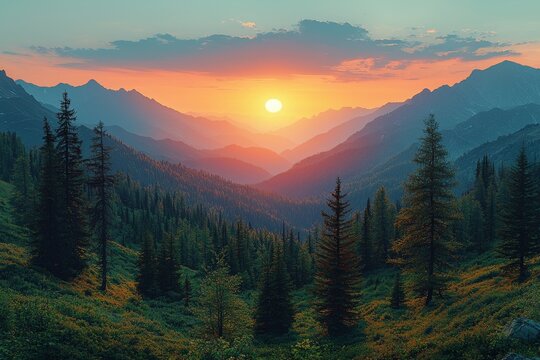 Concept of World Environment Day: Majestic green hills crowned with puffy white clouds in a bright blue sky