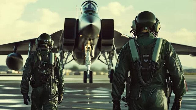Two skilled pilots don their flight gear as they approach formidable fighter jets ready for takeoff. The bright sky sets the stage for an exhilarating mission