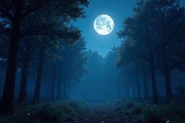 Naklejka premium Silvery moonlight illuminates a serene forest scene, glow, sparkling