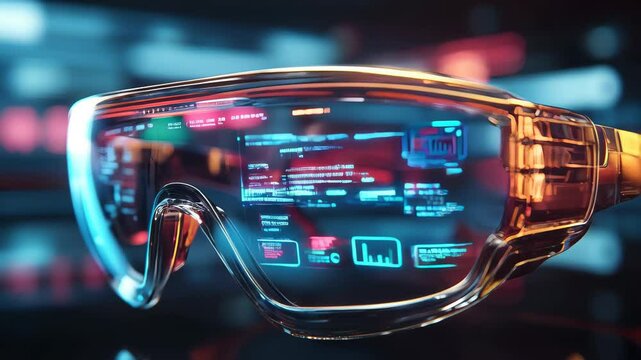 Cutting-edge smart glasses reveal a vibrant augmented reality display featuring interactive elements and user-friendly icons, set in a futuristic tech lab buzzing with innovation