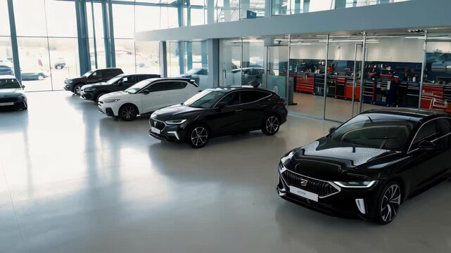 Sleek cars in modern showroom with panoramic glass windows and natural lighting