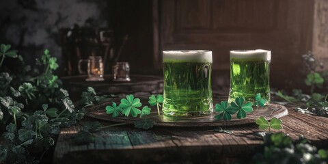 Naklejka premium Two green glasses of beer on a wooden table with green leaves on the table. Scene is relaxed and casual