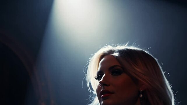 Tilt down video, spotlight on elegant woman, platinum blonde hair, smokey eyes, alluring gaze, dark theater background, striking