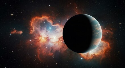 Obraz premium The ethereal beauty of a crescent planet nestled within a colorful, dynamic nebula. 