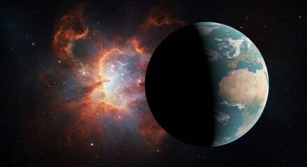 Obraz premium A mysterious crescent planet floats amidst a dazzling nebula of swirling colors and stardust. 