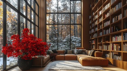 Christmas bookshelf background in an interior home library and study, set in a virtual room with a window view of forest trees. Decorated with fall and winter snow, and poinsettia holiday flowers.