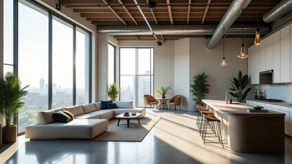 spacious, well-lit modern loft with large windows, wooden beams, and cozy furniture creating a warm living space