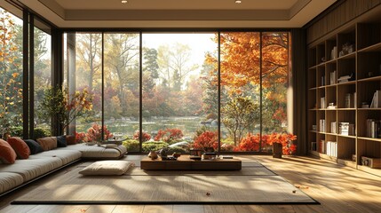 Christmas bookshelf background of interior home library study virtual room window of mountains hills. Fall winter fog. Poinsettia holiday flowers. Online webinar presentation team meeting backdrop