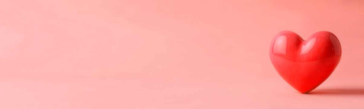 Red glossy heart on a pearch color background with copy space. Mockup design of Valentine's day card with empty place for text. Long banner. Health care and medicine concept. Love symbol. Side view