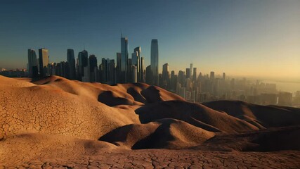 Dried soil beneath glass towers, climate stress reshaping urban centers, water crisis challenging sustainability, environmental fragility influencing future development, extreme heat testing modern in