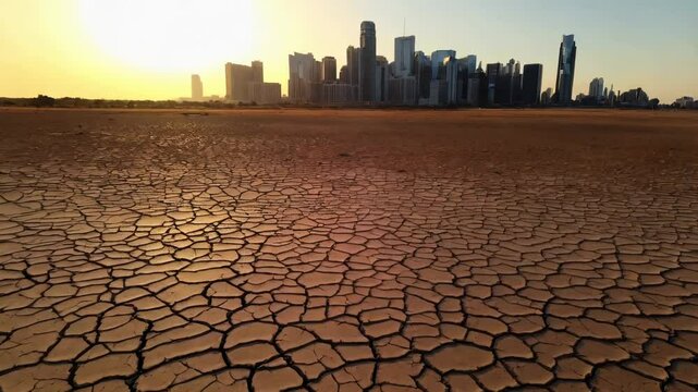 Cracked land stretches toward distant skyline climate impact visible dried terrain climate change reshaping cityscapes climate stress testing urban resilience climate extremes altering future planning