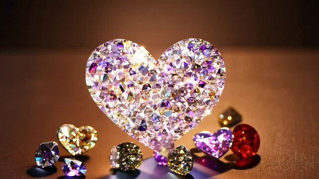 Practical light pan video to reveal a sparkling heart materializing from a spilled box of gems, various cuts and colors of gemstones sparkle