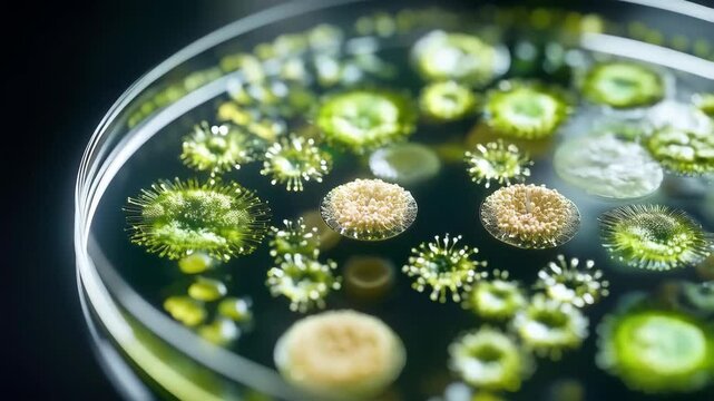 Microscopic algae growth timelapse in petri dish: vibrant cellular expansion and movement