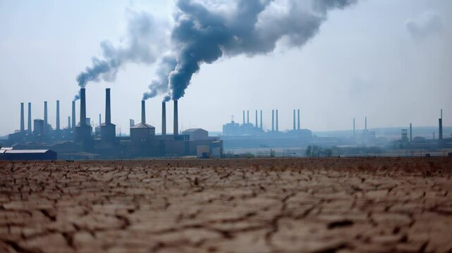 Barren landscape of cracked parched earth stretches toward an industrial complex emitting thick smoke symbolizing devastating impact of pollution climate change and environmental degradation ecosystem