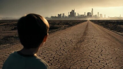 young child stands on a cracked, parched road leading to a distant city under a hazy sky, symbolizing the effects of drought, climate change, and urbanization on the environment and future generations