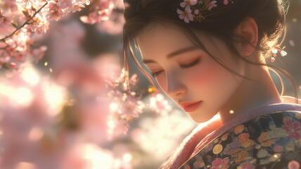 桜に包まれてうつむき微笑む着物姿の女性の優美な近接ポートレート