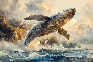 Fototapeta premium Artistic watercolor a whale breaching spectacularly off a rocky coastline, ocean spray highlighting its massive form