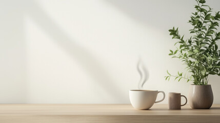 A Minimalistic Tea Arrangement Featuring a Steaming Cup of Herbal Tea on a Light Wooden Table, with an Open Area to the Right for Text on a Clean White Background, copy space