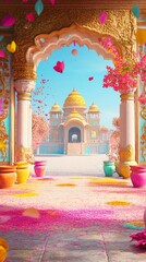 Indian Frame with Holi Colors, gold Patterns, Pots and Lotus Flowers in Hindu Temple with Domes. Copy space. Generative AI