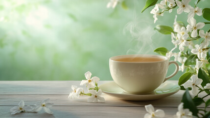 A Serene Tea Arrangement Featuring a Steaming Cup of Jasmine Tea on a Light Wooden Table, Surrounded by Jasmine Flowers, Set Against a Pale Green Background with Space for Text, copy space