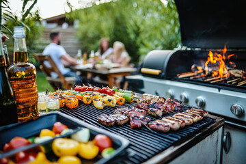 A backyard grilling setup with skewers, vegetables, and steaks cooking over an open flame.