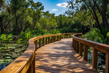 Obraz premium A wooden walkway in the middle of a pond surrounded by trees