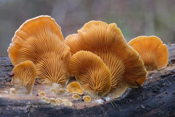 Close up of amazing orange mushrooms Phyllotopsis nidulans, commonly known as the mock oyster or...